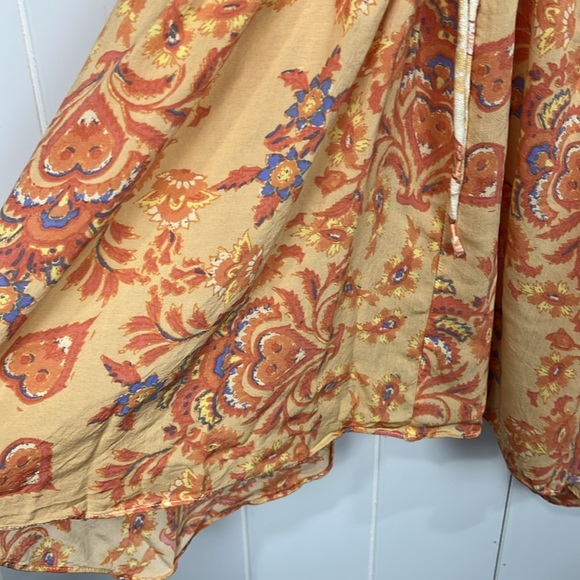 Free People Womens Top XS/S Orange/Yellow Puff Sleeves Cinch Front Keyhole Boho - Picture 5 of 10